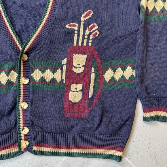 Vtg 90s Roundtree & York Golf Intarsia Sweater XL Button Front Navy - Picture 2 of 10